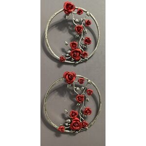VTG Spencers Red Rose Vine Silver Hoop Earrings Goth